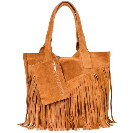 Shopperka boho skórzana VERA PELLE L83 camelowa